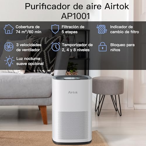 Purificador de Aire AIRTOK para Habitaciones Grandes de Hasta 74 m², Filtro HEPA H13 Verdadero para Alergias, Humo, Caspa de Mascotas, Pelo de Mascotas, Polvo y Polen, Silencioso, Sin Ozono, Blanco