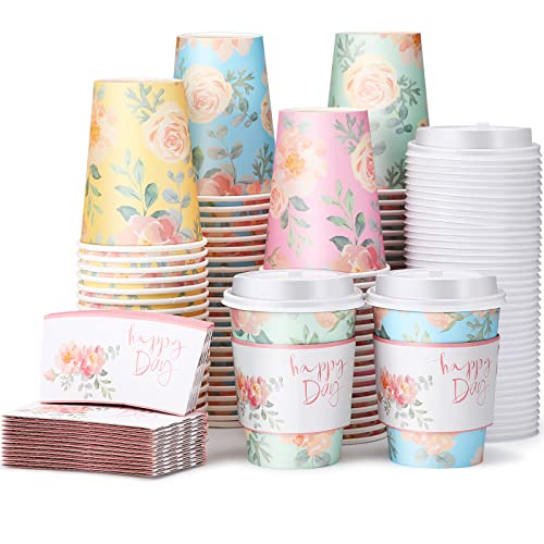 100 Pack 12oz Floral Disposable Coffee Cups with 100 Lids and 100 ...