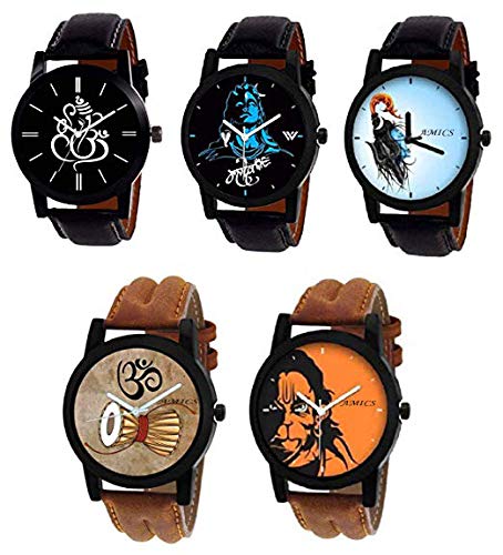 Fancy mahakal-Shiv-mahadev Print on dial 5 Watch Combo for Men and Boys 1048