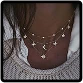 Woent Layered Stars and Moon Choker Necklaces Gold Fashion Crescent Crystal Pendant Necklace Chain Adjustable Jewelry for Women