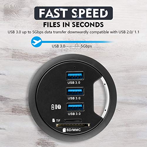 WDX Grommet Hole in Desk USB 3 Port Hub BC 1.2 USB Charger with SD/TF