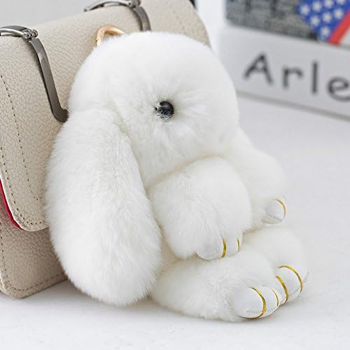 HOPE & WISH Super Cute Stuffed Rabbit Toy Bunny Plush Toys Real Rabbit Fur Keychain Key Ring Key Hook Car Cellphone Pendant Nice Bag Charms Great Gifts (White,13-15cm)