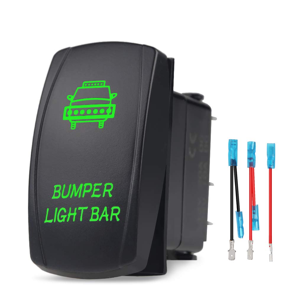 WATERWICH Bumper Light Bar Illuminated Rocker Toggle Switch Waterproof with Jumper Wires Set ON-Off DC 20A 12V/10A 24V 5pin/SPST Toggle Rocker Switch for Auto Truck Boat Marine RV (Green)