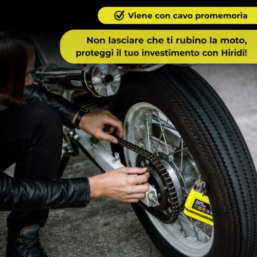 Hiridi - Bloccadisco Moto Lucchetto Moto Antifurto con Allarme Sonoro 110DB Sensori Movimento - Impermeabile Resistente - Blocco Pressione 7mm con Accessori - 1,5 m Cavo Promemoria - Lucchetto Borsa.