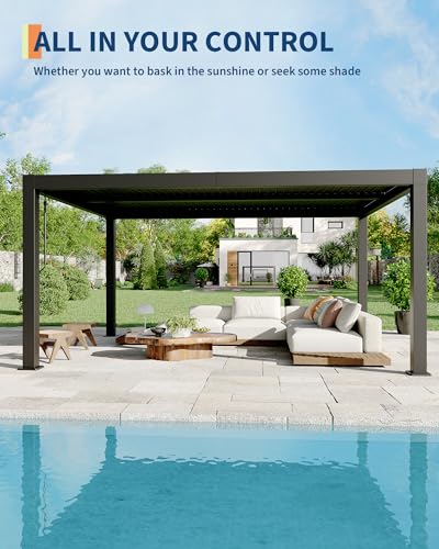 12' x 16' Louvered Pergola, Outdoor Pergola with Adjustable Louvered Roof, Reinforced Aluminum Frame, Integrated Drainage System, for Patio, Deck, Grey image 16