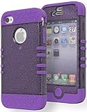 Bastex Heavy Duty Hybrid Case for Apple iphone 4, 4g, 4s 4gs - Neon Purple Silicone Cover / Silver Glitter Effect Transparent Gray Hard Shell
