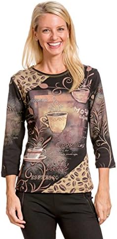 Amy Alder Coffee Shirt 3 4 Sleeve Scoop Neck Bling Rhinestone Tshirt, Black, S