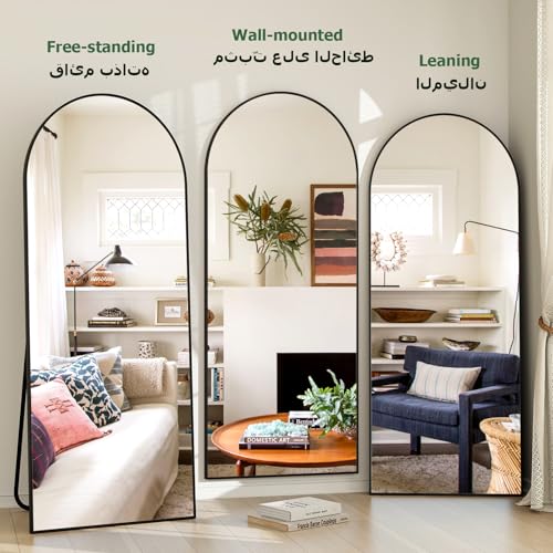 BEAUTYPEAK Full Length Mirror 165x60cm Large Arch Floor Mirror with Stand Arched Full Body Mirror Standing Hanging or Leaning Wall for Bedroom/Entryway, Black