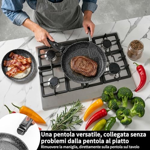 Kiseely Set of 3 Non-stick Frying Pans, Removable Handle, Non-stick Coating, Healthy and Non-Toxic Frying Pan, Induction and Gas,Dishwasher Safe (ED2)