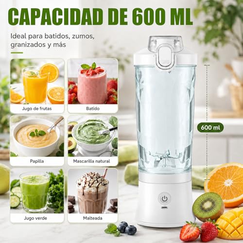 Licuadora Portatil, Licuadora con Bloqueo de Seguridad, 600 ml Licuadora Personal Recargable Adecuada, Blender Adecuada para Viajes y Fitness con Tapa Antiderrames (Blanco)