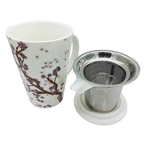 Sakura Cherry Blossom Ceramic Coffee Mug/ Tea Cup (Limited Edition 1000) With Stainless Steel Infuser Basket and Lid (For Arts Collectors) Single Cup Tea Brewing System By Notion Nova Porcelain