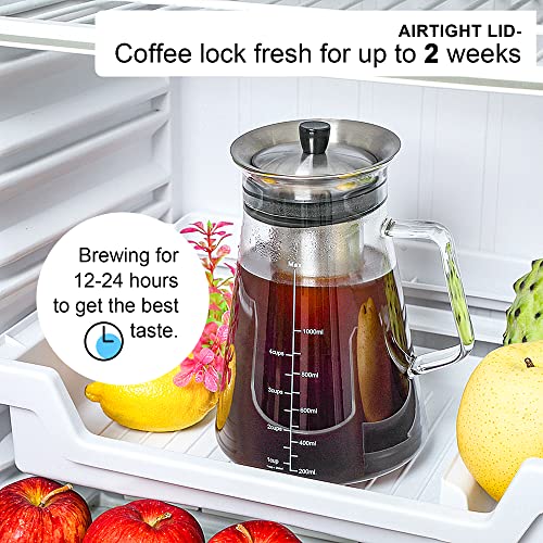 Aquach Airtight Cold Brew Iced Coffee Maker 34oz/1L, BPAFree, Thick