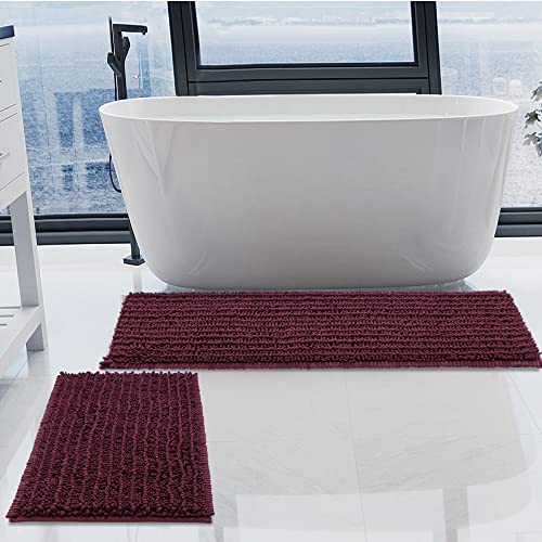H.VERONNEX Luxury Chenille Burgundy Bathroom Rugs Sets 2 Piece, Thickened Hot Melt Rubber Bottom Bath Mats for Bathroom Non Slip,Bath Rugs Quick Dry Machine Washable for Shower Mat (47"x17"+17"x24")