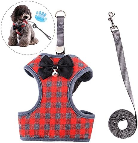 Vest Harness,Bowtie Gentleman Harness for Small Dog Cat and Puppy Soft Mesh Vest Collar with Bell Pet Leash Set Red Gray Grid (L)