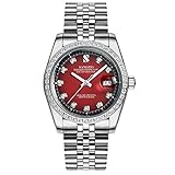 Carlien Men Diamond-Accented Bezel Red Dial Silver Band Automatic Mechanical Watch