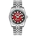Carlien Men Diamond-Accented Bezel Red Dial Silver Band Automatic Mechanical Watch
