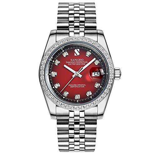 Carlien Men Diamond-Accented Bezel Red Dial Silver Band Automatic Mechanical Watch