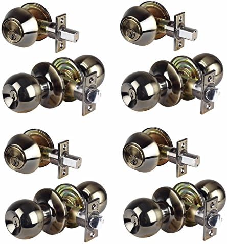 Set of 4 Premium Combo Entry Door Knob &amp; Deadbolt Locksets Keyed Alike (Antique Brass)