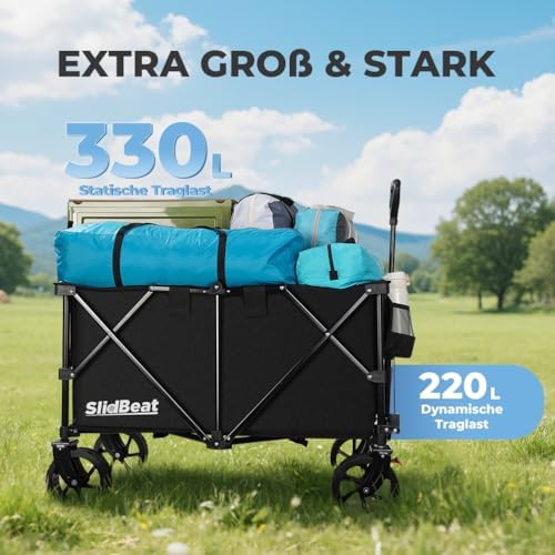 XXL Bollerwagen Faltbar 220L 200KG, Faltbarer Bollerwagen mit Bremsen, Getränkehalter Verstellbarem Griff Klappbollerwagen mit All Terrain Rädern Für Camping Outdoor Garten Shopping