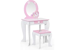 KOTEK Kids Vanity with Mirror and Stool, 2 in 1 Wooden Princess Makeup Dressing Table Set w/Detachable Top & Storage Drawer, Pretend Play Vanity Table Set for Girls (White Star)