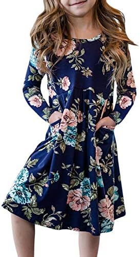 Anloli Girls Long Sleeve Striped Printed Casual Long Maxi Dress with Pocket(4-13 Years)
