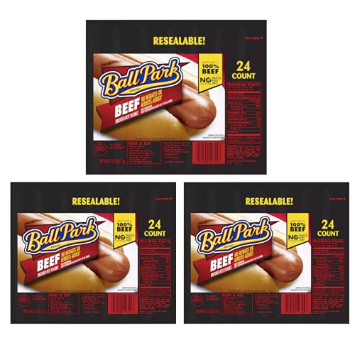 Ball Park Beef Franks, Fully Cooked Beef Hot Dogs (Three 24 Count Packs