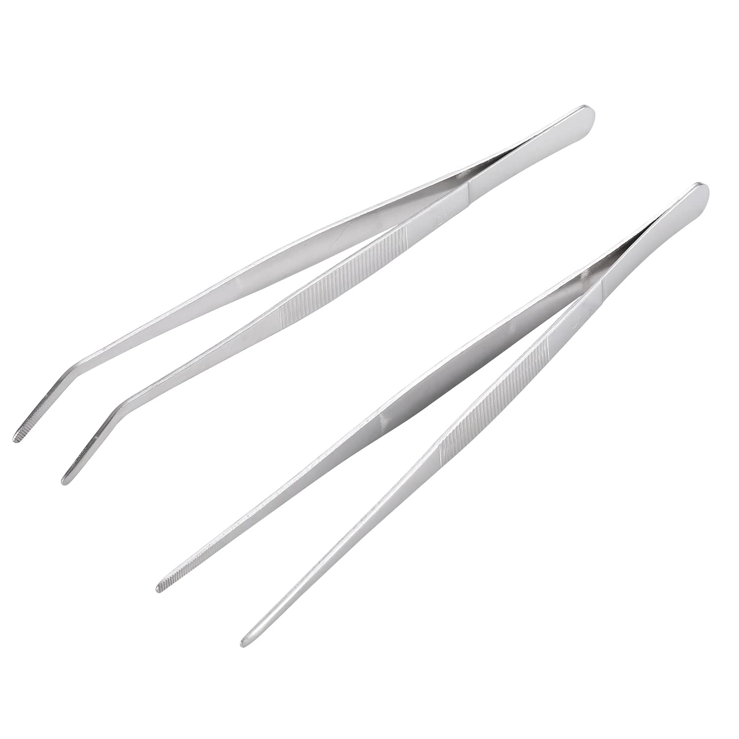 Miupoo Long Handle Stainless Steel Straight and Curved Tweezers Nippers,Silver,2 Pieces