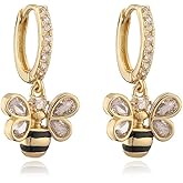 Cute CZ Bee Dangle Drop Earrings for Women 14k Gold Plated Dainty Crystal Honeybee Animal Charm Statement Dangling Huggie Hoop Hypoallergenic Fashion Jewelry for Her