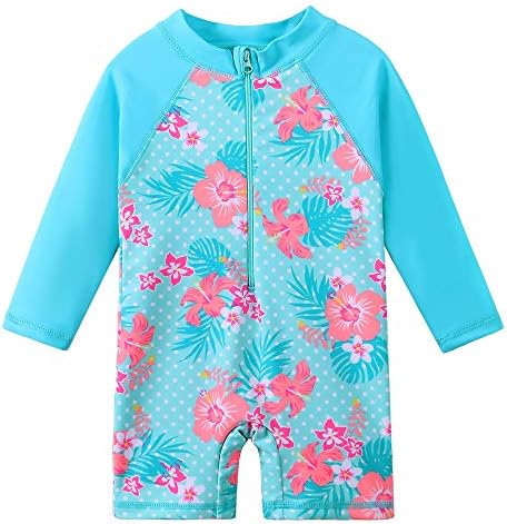 Baby Girls Swimsuit One Piece Long Sleeve Rash Guard Shirts Quick-Dry Bathing Suit