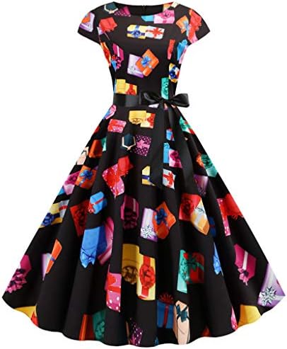 piabigka Womens Christmas Dresses Short Sleeve A-Line Vintage Xmas Dress Snowman Santa Retro 1950s Housewife Cocktail Prom Party Dress with Bowknot
