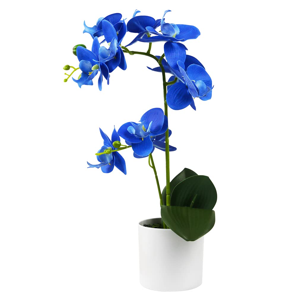 Olrla Blue Orchid Artificial Flowers in White Pot, Waterproof Fake Phalaenopsis for Kitchen Bathroom Office Decoration (Blue 2)