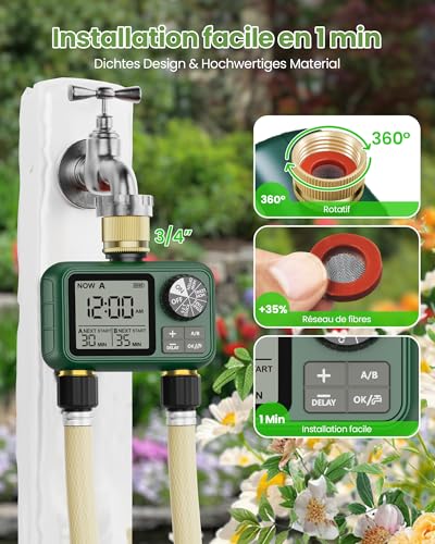 2 Way Water Timer with Brass Input and Outlet, Large LCD Display, Automatic Watering for Garden, Programmable Irrigation, Simple Use, Rain Delay Manual Watering