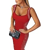 CHICME Women's Elegant Sleeveless Rhinestone Bodycon Midi Dress Square Neck Sparkly Cocktail Party Clubwear Dress