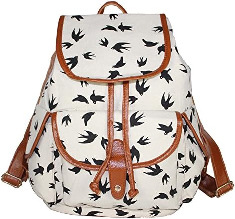 Deercon Women &amp; Girls Sports Daypack Canvas Casual Backpack Students School Bag (Bird White)