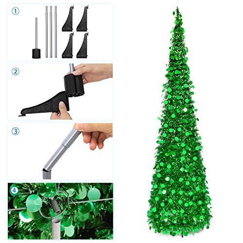 MACTING 6ft Pop up Christmas Tinsel Tree with Stand Easy-Assembly Tinsel Coastal Glittery Christmas Tree for Holiday Xmas Decorations(6FT Green)