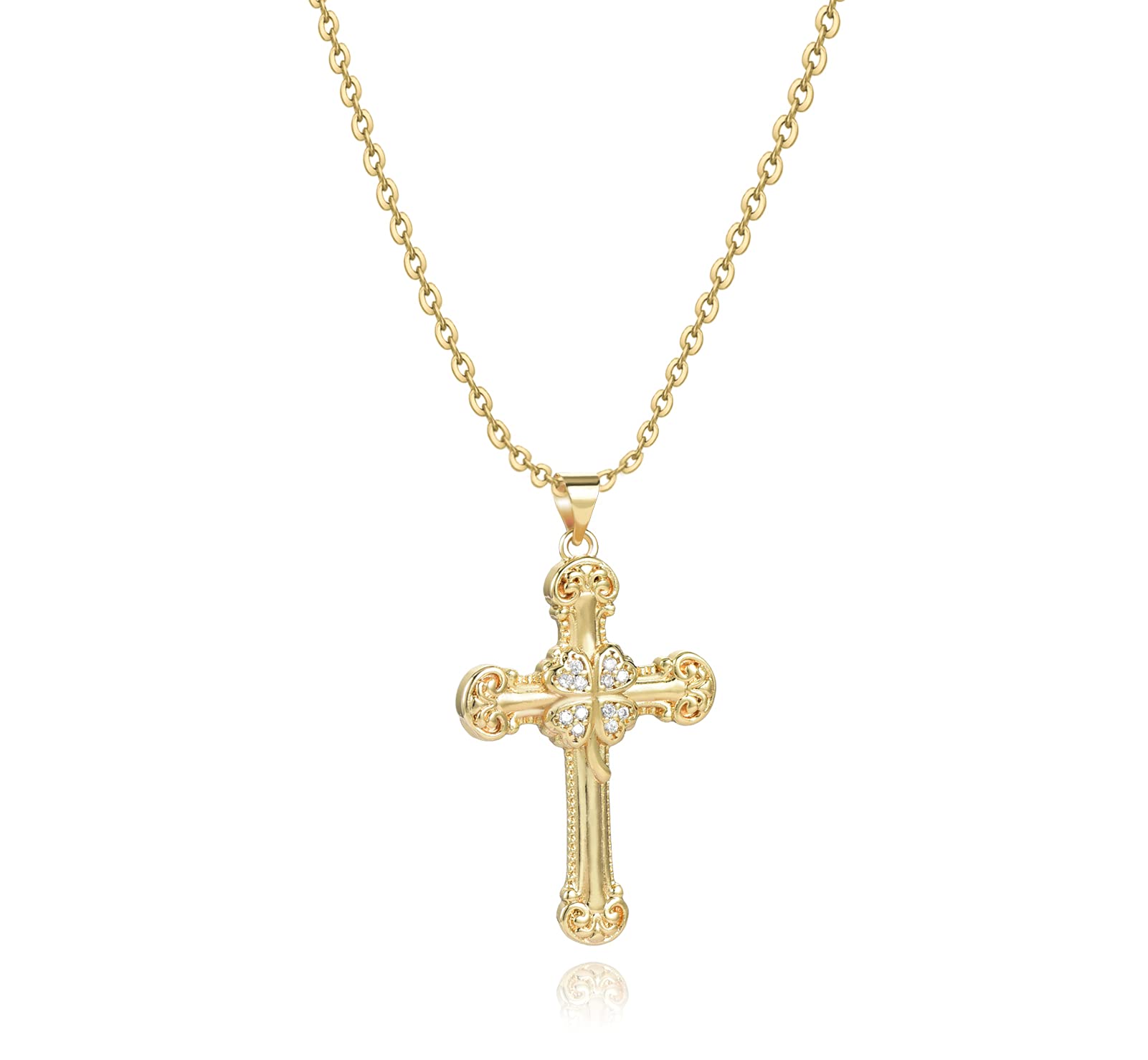 SBI Jewelry Lucky Clover Cross Gold Necklace Clear Birthday CZ Women Gold Love Hearts Follower Sister Daughter Friend Family
