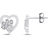 Cat Paw Print Heart Stud Earrings for Women Center 3MM Simulated Birthstone with White CZ Gemstone Studs in 14K Gold Plated 925 Sterling Silver Minimalist Dainty Jewelry Gift for Her