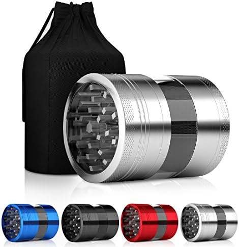 Aluminum Grinder, 4 Piece Crusher with Sharp Teeth, Filter, &amp; Scraper, Size Adjustable, Grind &amp; Crush Herbs/Spices/Tobacco - Silver