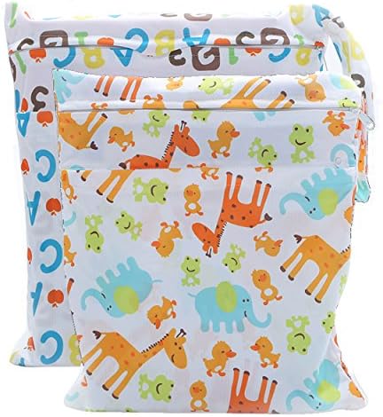Wet Dry Bag 2 Pieces for Baby Cloth Diapers with Zippered Pockets Waterproof Reusable for Travel Swimsuits Giraffe