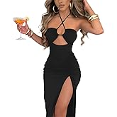 Sexy Cutout Bodycon Dress Halter High Slit Drawstring Midi Long Club Women Dress