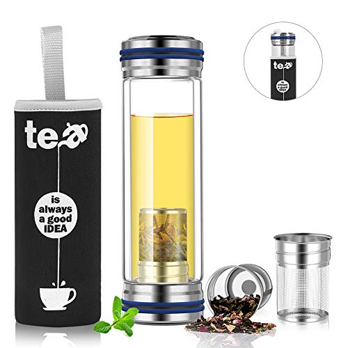 BINE 14oz Glass Tea Infuser Bottle Tumbler Strainer for Loose Leaf, Herbal, Green or Ice Tea Cold Brew Coffee Mug or Fruit Infusion Hot or Cold Water Travel Bottle Free Travel Sleeve - Thumbnail 7