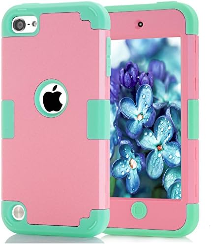 iPod touch5 case, iPod touch6 case, (TPU+ Silicone) Anti-slip Shockproof Dustproof slim and stylish protective case for Apple iPod touch 5 6th Generation (Pink+mint green)