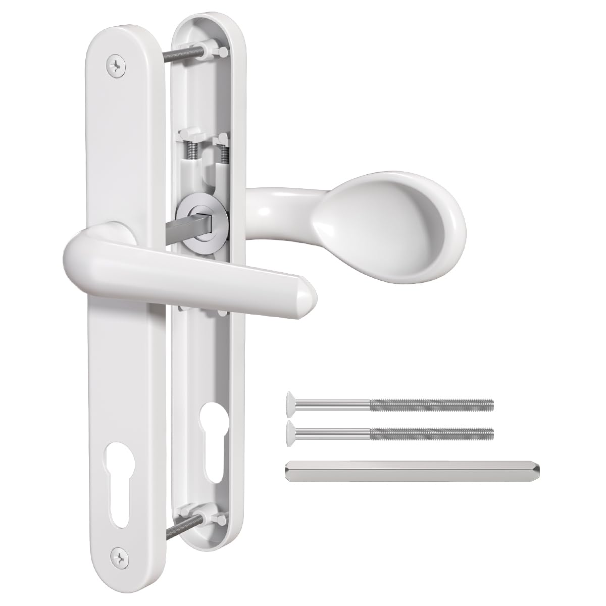 Bwintech 1 Pcs White Aluminum UPVC Door Handle,Lever/Pad Inline 92mm Backset,211mm Screw Hole Distance, 243mm Plate Length Front Door Handles for UPVC Door