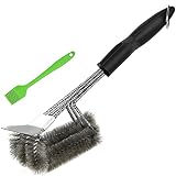 BBQ Grill Brush And Scraper - 18 Inches 3 In 1 Safe Stainless Steel Barbecue Cleaner Brush With Triple Head ,silicone Brush As Bonus,Perfect Grill Accessories Gift For All Barbecue Lovers