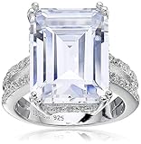 Platinum Plated Sterling Silver Clear Emerald Cubic Zirconia Ring, Size 8