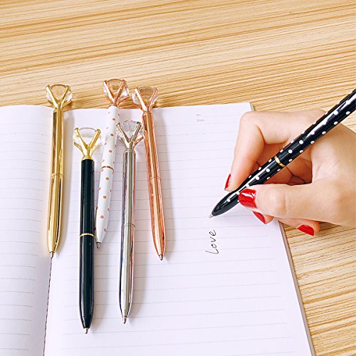 Youyuan 6 Pcs Diamond Ballpoint Pen Rose Gold Pens with Big Rhinestones Crystal Metal Ball-Point Bling Pen for Stylish Fancy Office Supplies, 12 Black Refillable Ink, 6 Different Colors
