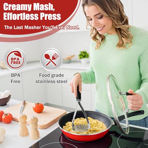 Potato Mashers, Potato Masher Food Grade Stainless Steel, Heavy Duty Potato Ricer Masher with Soft Grip Handle, Kitchen Food Masher for Mashed Potato, Tomato Puree, Jam, Vegetable & Fruits