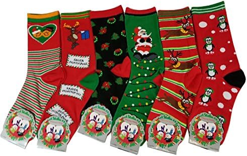6 Pairs Novelty Design Crew Socks, Christmas Holidays Crazy Fun Colorful Fancy Design