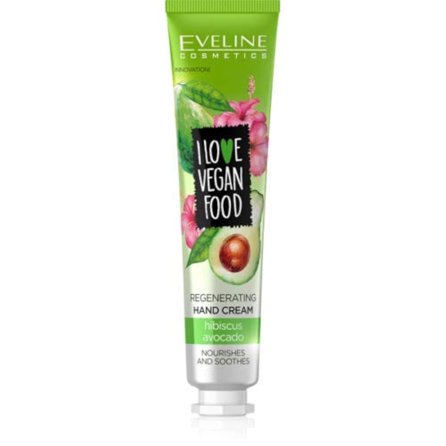 Eveline Cosmetics I Love Vegan Food Regenerating Hand Cream with Avocado & Hibiscus - Nourishing and Soothing Formula, 50ml