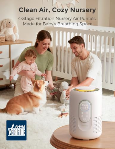 Momcozy Air Purifier for Home Bedroom Nursery, 4-in-1 Filter Baby Purifier with H13 HEPA & Carbon, Real-time PM2.5 Air Monitor, 4 Fan Speeds, 21dB Sleep Mode & Dimmable Night Light, for Home Pets Baby